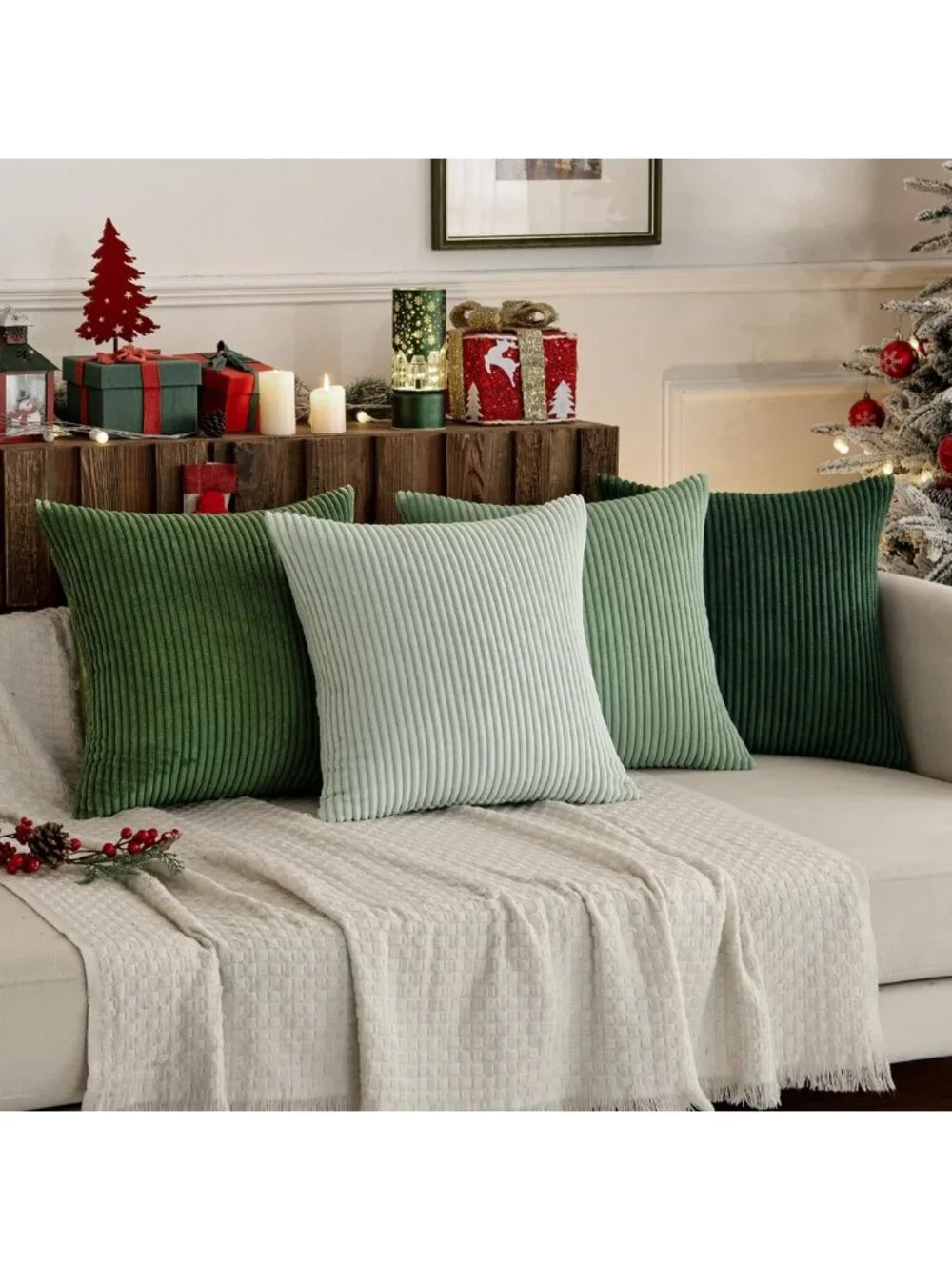 Boho Farmhouse Sage Green Throw Pillow Covers 18x18 Set of 4 - Soft Corduroy